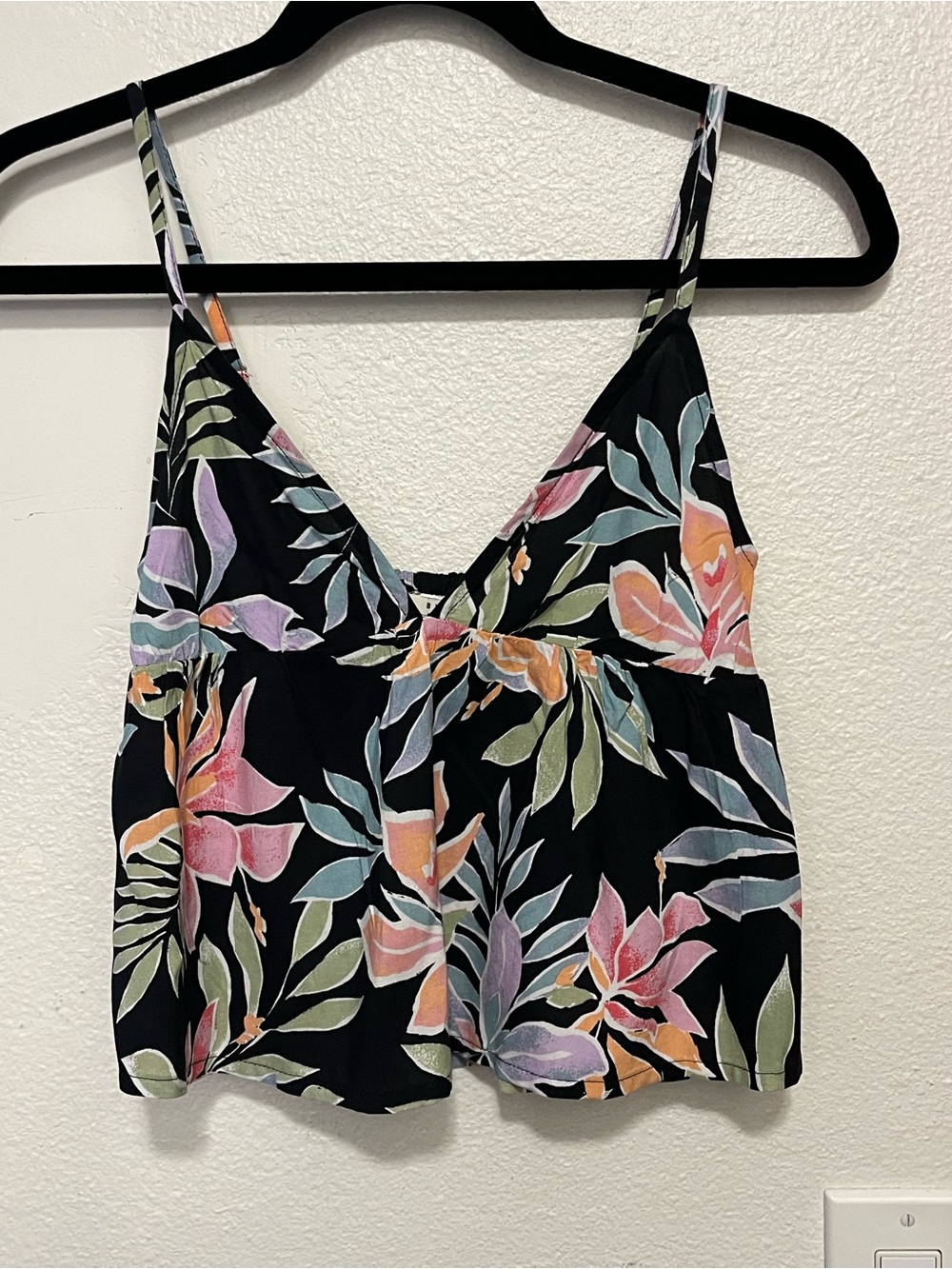 Billabong Black Floral V-Neck Cami with Pastel Multicolor Leaves